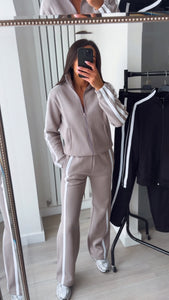 Libby stripe detail jogger and jacket set - taupe