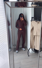 Load image into Gallery viewer, Mabel ribbed long sleeve button up detail top and trouser set - chocolate