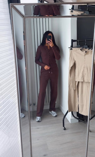 Mabel ribbed long sleeve button up detail top and trouser set - chocolate