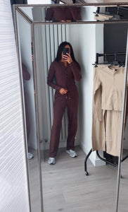 Mabel ribbed long sleeve button up detail top and trouser set - chocolate