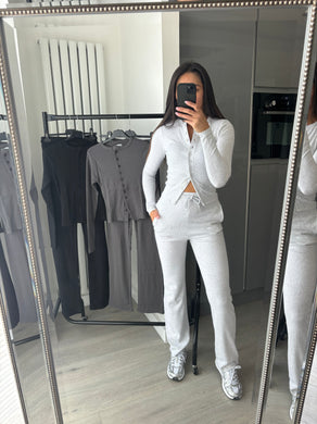 Mabel ribbed long sleeve button up detail top and trouser set - light grey