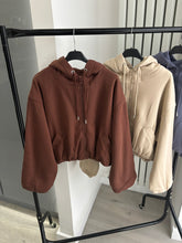 Load image into Gallery viewer, Marisa bomber style cropped zip up hooded jacket - chocolate brown