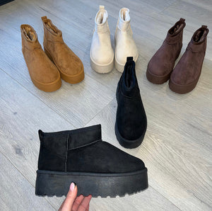Platform ultra low mini faux fur lined boots - black