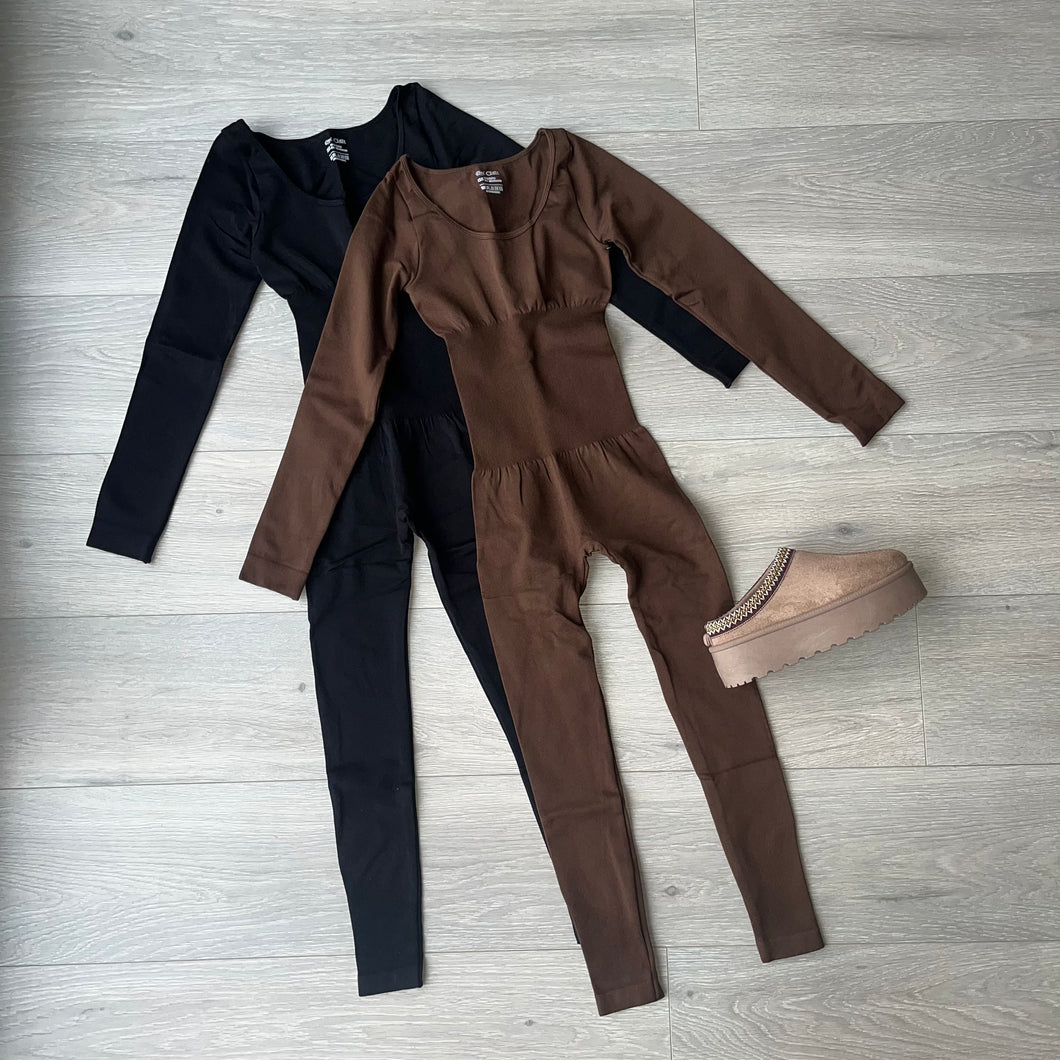 Leonie long sleeve ribbed unitard jumpsuit - brown