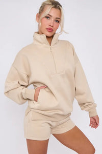 Anya quarter zip jumper and jogger shorts set - beige