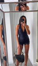 Load image into Gallery viewer, Danika sequin embellished top and lace trim short set - navy