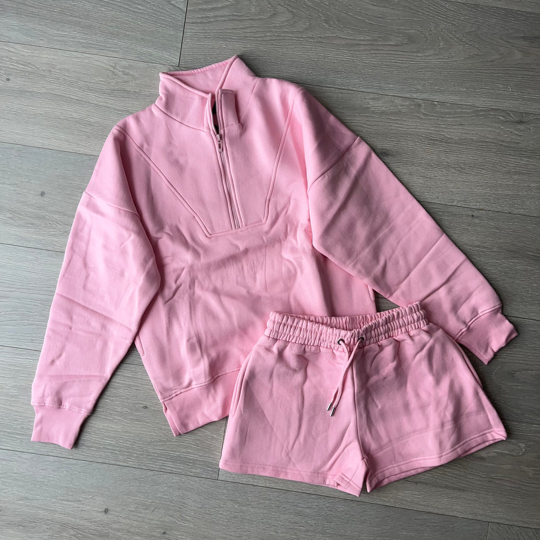 Anya quarter zip jumper and jogger shorts set - pink