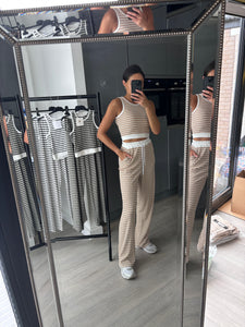 Enya striped straight leg trouser and crop top set - beige