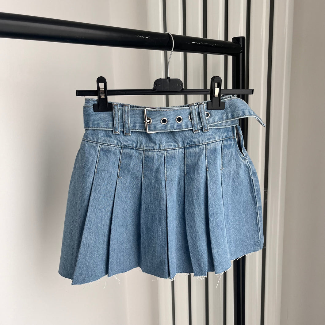 Kara denim pleated skirt with belt