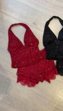 Load image into Gallery viewer, Danika sequin embellished top and lace trim short set - red
