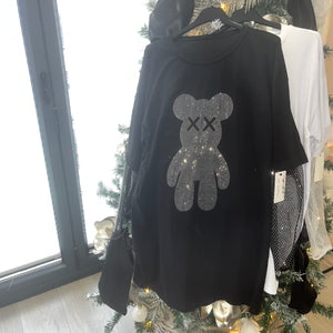 Teddy oversized diamanté sleeve tshirt dress - black