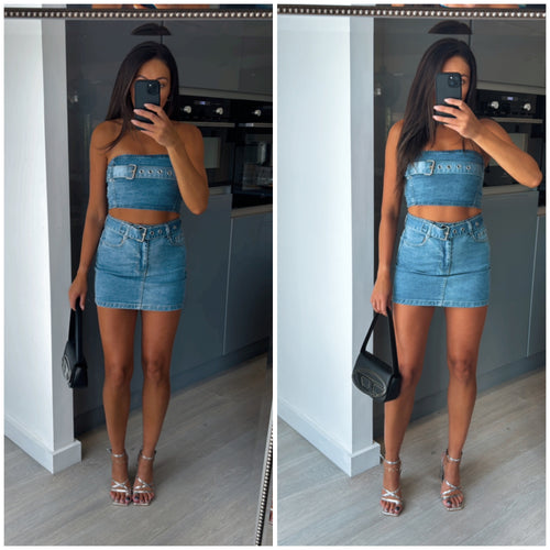 Kylie denim belt detail skirt and crop co-ord