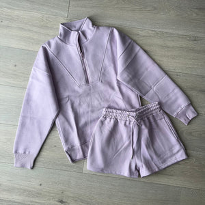 Anya quarter zip jumper and jogger shorts set - lilac