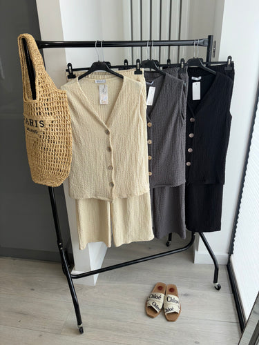 Daria gold button front waistcoat and trouser set - beige