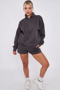 Anya quarter zip jumper and jogger shorts set - charcoal grey