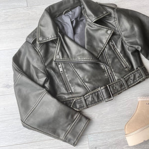 Sophie faux leather look cropped biker jacket - khaki