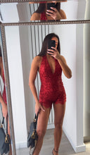 Load image into Gallery viewer, Danika sequin embellished top and lace trim short set - red