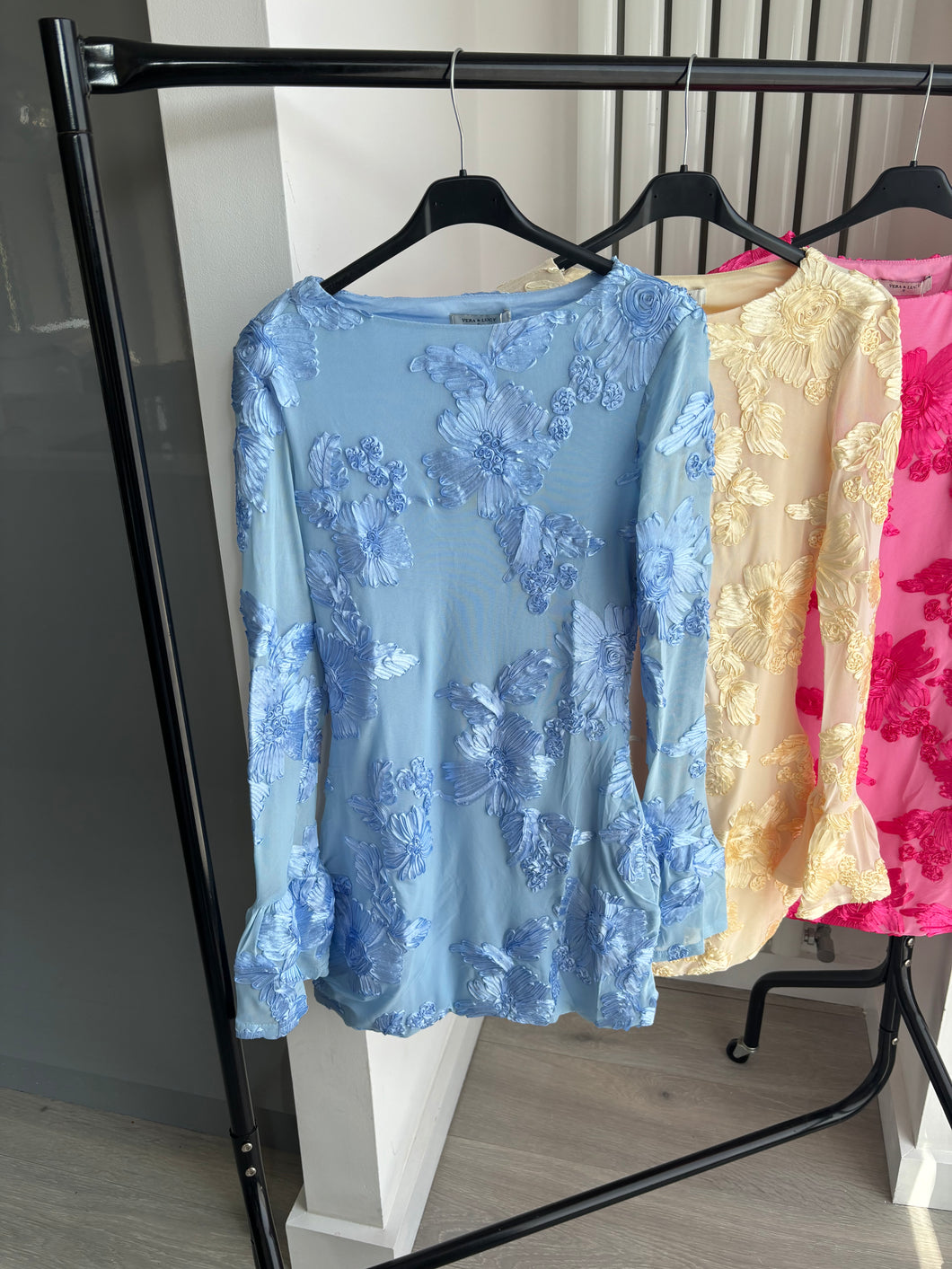 Brooke floral lace lined long sleeve dress - blue