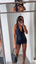 Load image into Gallery viewer, Danika sequin embellished top and lace trim short set - navy