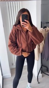 Marisa bomber style cropped zip up hooded jacket - chocolate brown