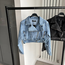 Load image into Gallery viewer, Marley cropped denim jacket with buckle belt detail