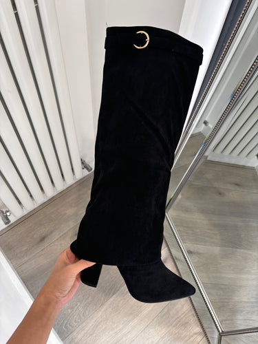 Isla faux suede folded buckle detail knee high boots - black