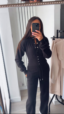 Chloe cinch waist long sleeve top and jogger set - black