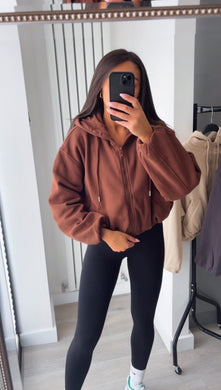 Marisa bomber style cropped zip up hooded jacket - chocolate brown