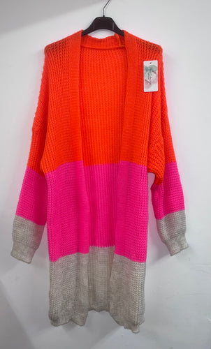 Longline stripe knit cardigan - orange/pink/beige