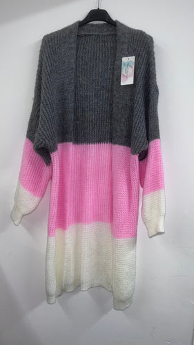 Longline stripe knit cardigan - grey/pink/cream