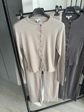 Load image into Gallery viewer, Mabel ribbed long sleeve button up detail top and wide leg trouser set - mocha