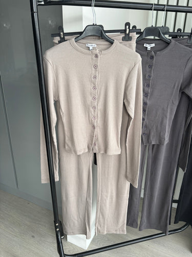 Mabel ribbed long sleeve button up detail top and wide leg trouser set - mocha