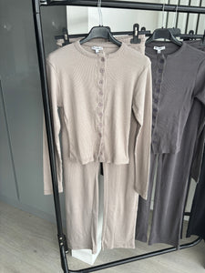 Mabel ribbed long sleeve button up detail top and wide leg trouser set - mocha