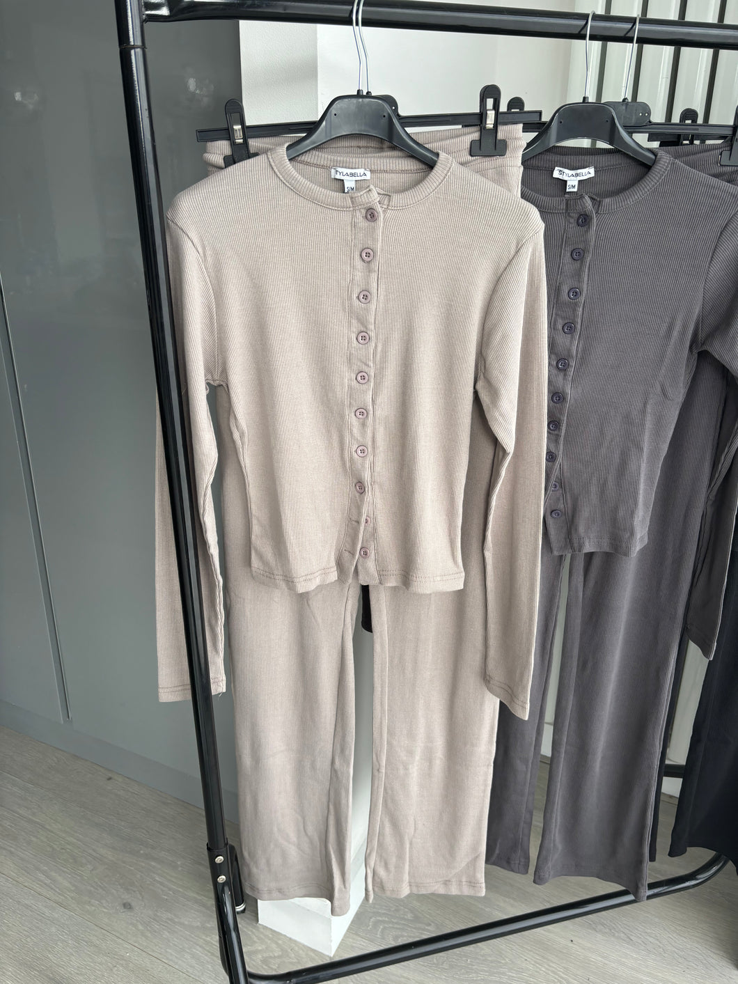 Mabel ribbed long sleeve button up detail top and wide leg trouser set - mocha