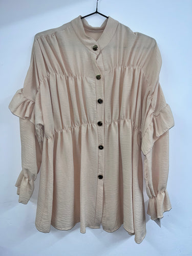 Frill sleeve button detail blouse - nude