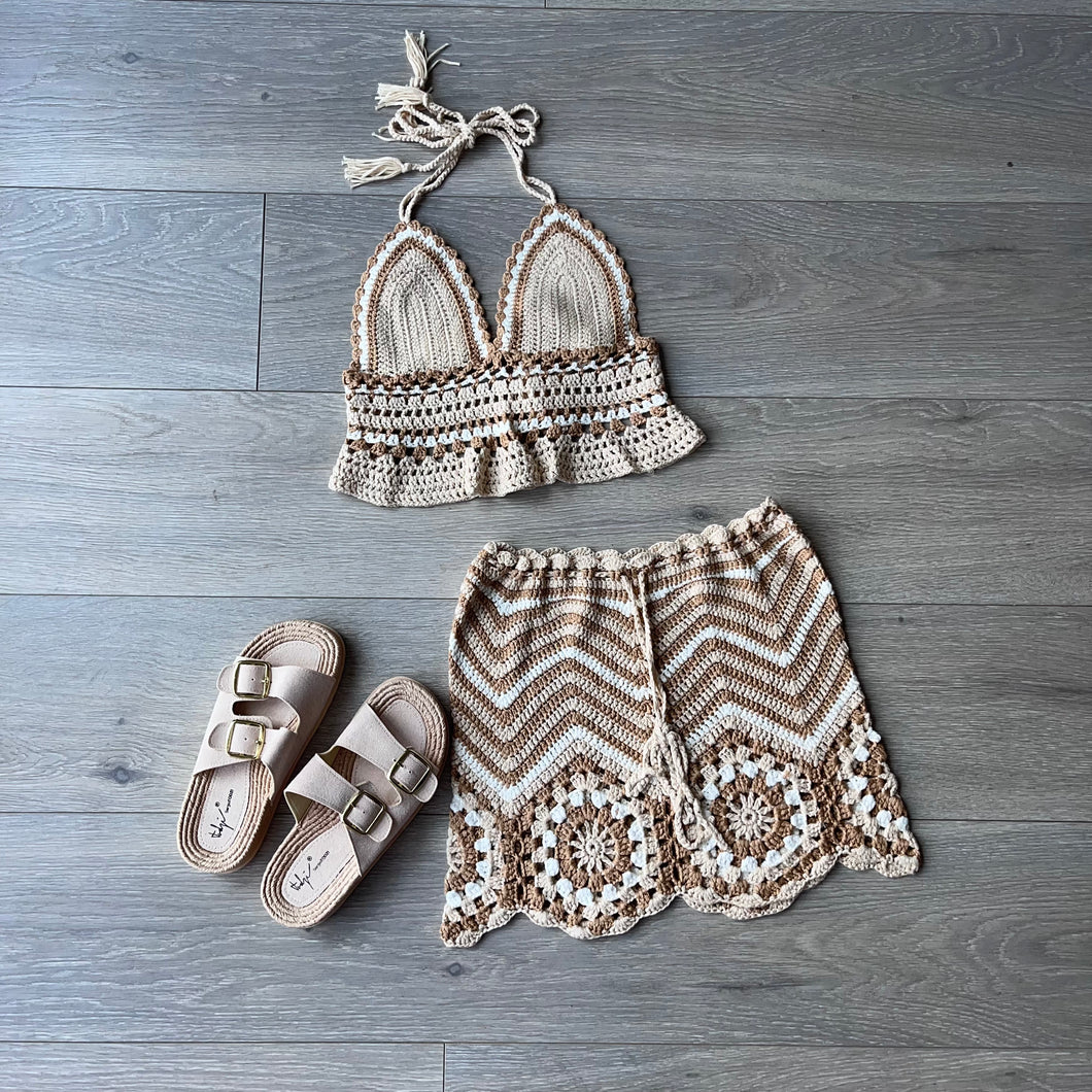 Anika crochet skirt and crop set - beige