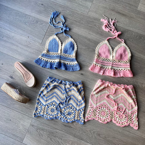 Anika crochet skirt and crop set - pink