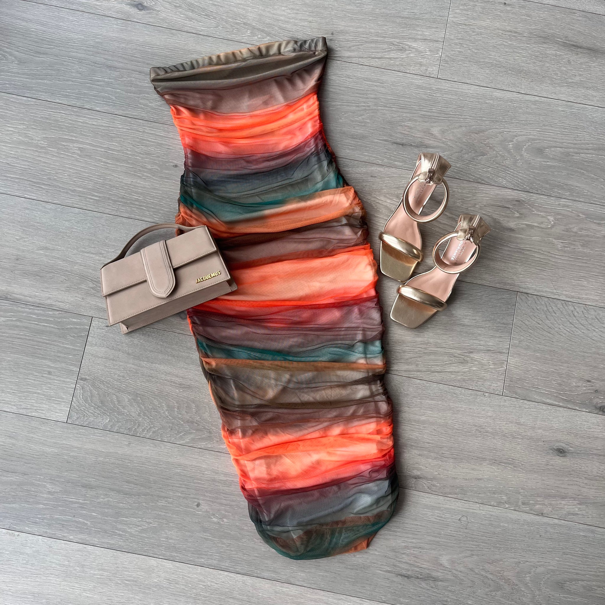 SALE Liberty ombré ruched mesh bandeau midi dress orange – LLUK