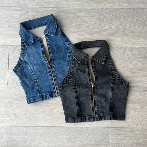 Ziva denim collared zip crop - black