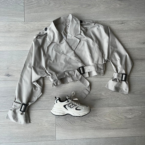 Deena cropped belted trench jacket - grey