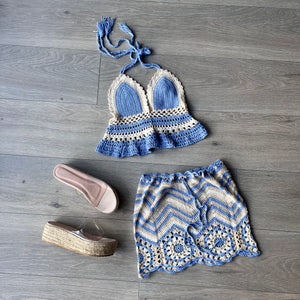 Anika crochet skirt and crop set - blue