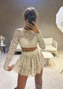 Petra lace crop top and rara skirt set - beige loo