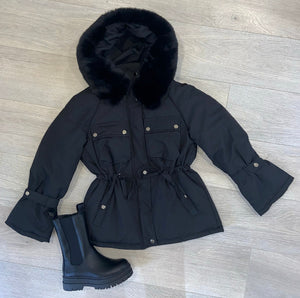 Eden faux fur hood coat with drawstring waist - black