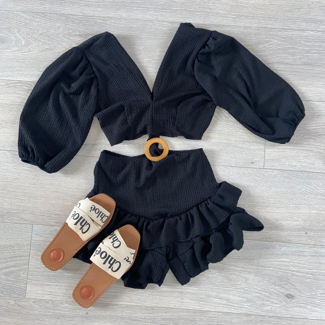Poppy cutout cheesecloth ruffle playsuit - black