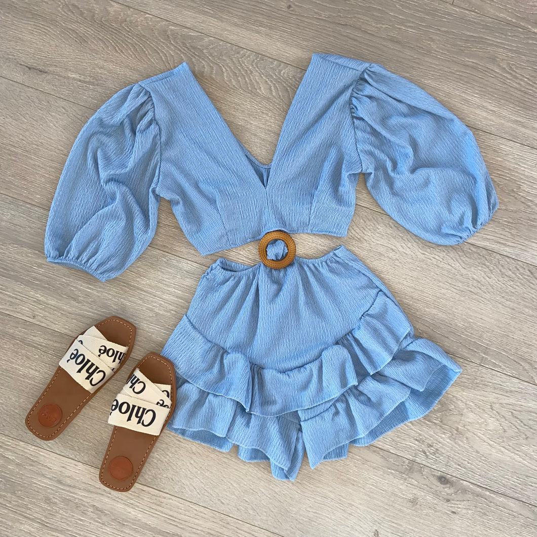Poppy cutout cheesecloth ruffle playsuit - blue