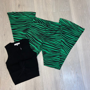 Drew green zebra stripe flare trousers