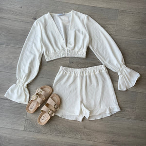Carmella flare sleeve crop and shorts set - white