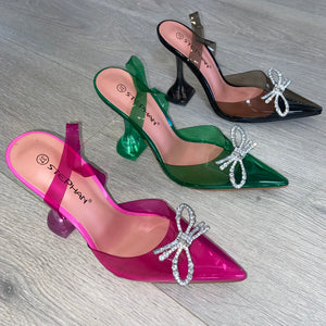 SALE Jasmin perspex diamanté bow detail heels - pink - size up