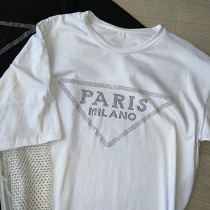 Paris oversized diamanté sleeve tshirt dress - white