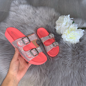 Raya crystal double strap buckle sandals - coral